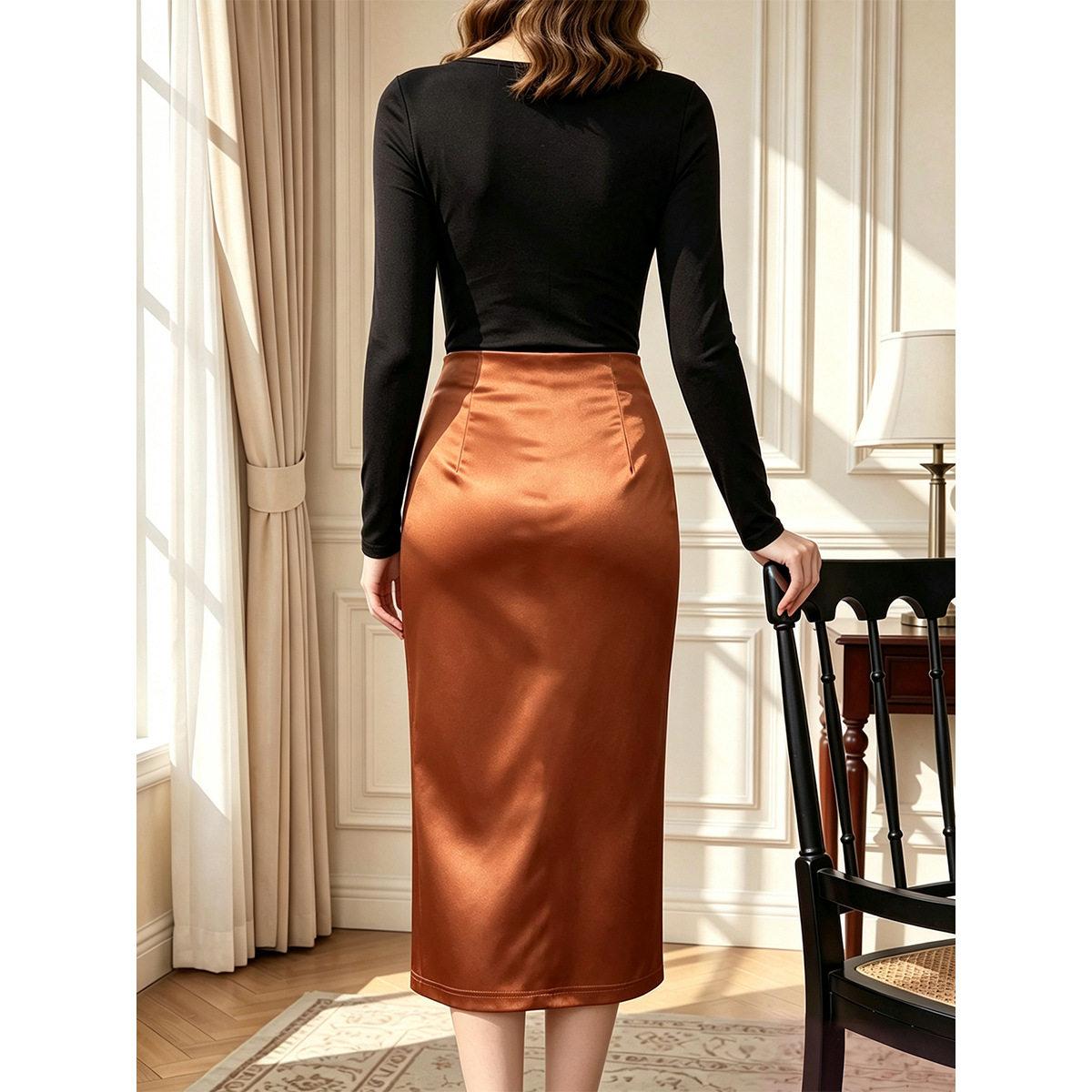 European And American Caramel-colored Satin Skirt For Women photo 5