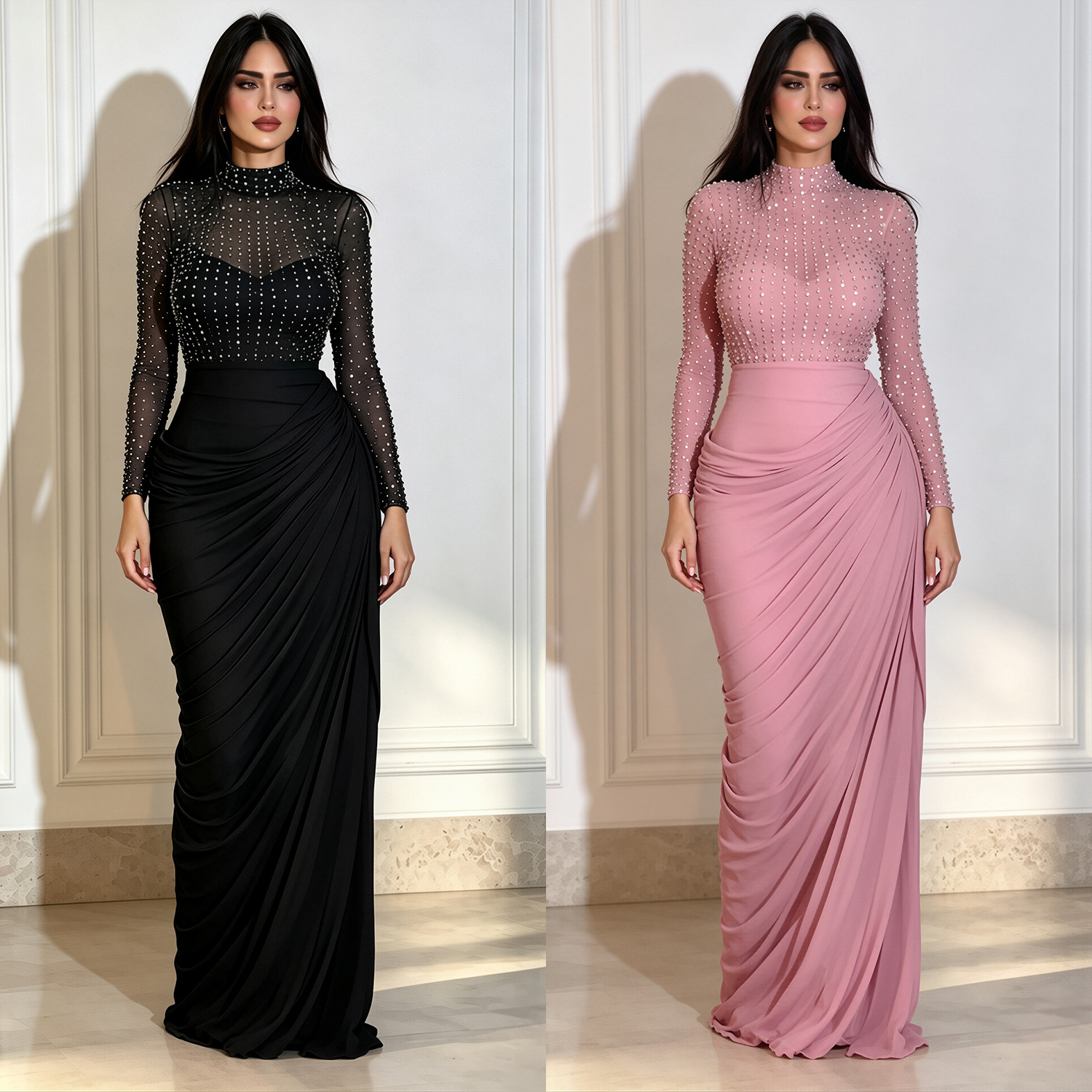Mesh Long-sleeve Pleated Bodycon Sheath Dress photo 1