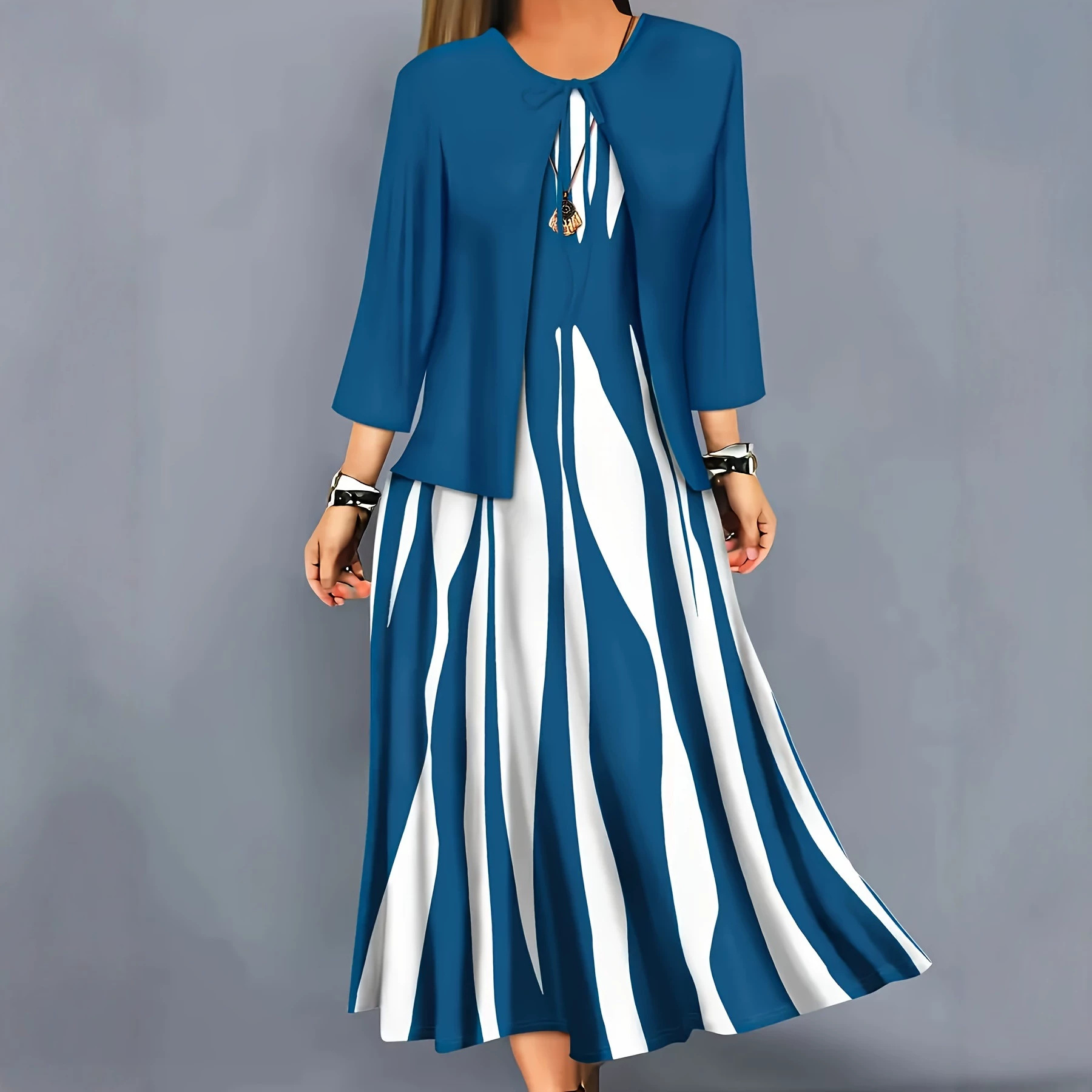Seven-quarter-sleeve Dress With Shawl Vintage-style Elegant Set photo 2