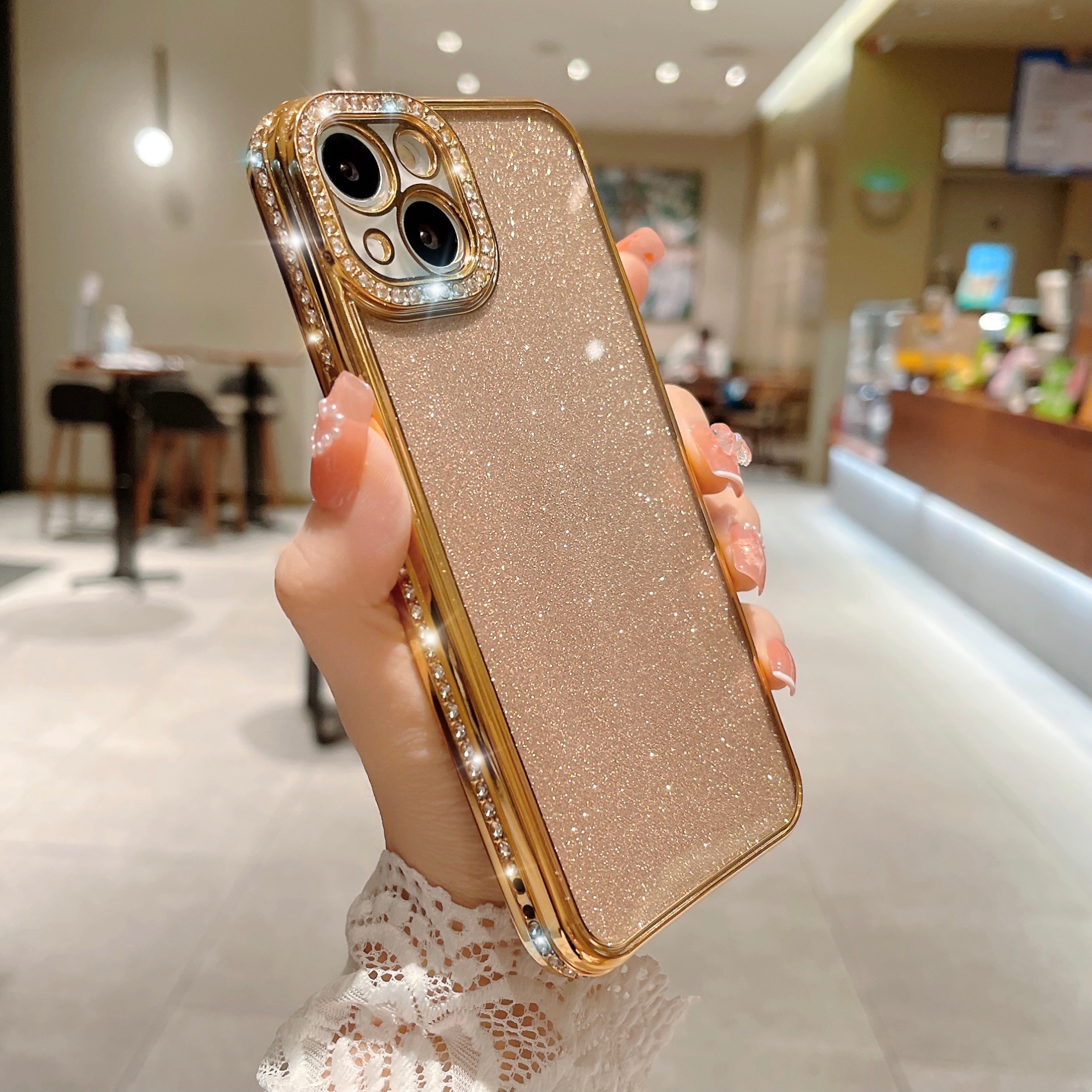 Glitter Rhinestone Electroplated Straight Edge Transparent Drop-resistant Protective Shell photo 4
