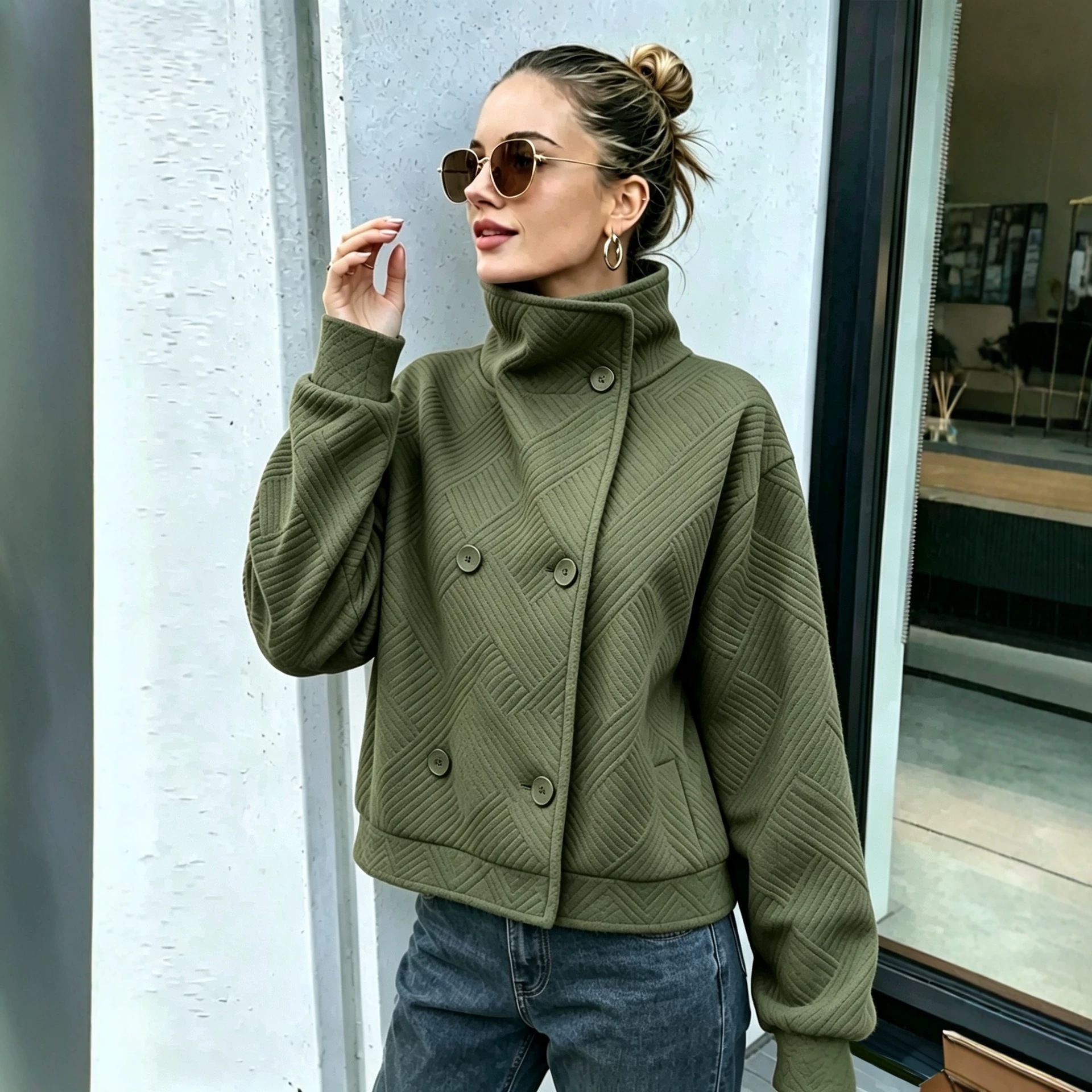 Women's Buttoned Turtleneck Double-breasted Lapel Coat photo 1