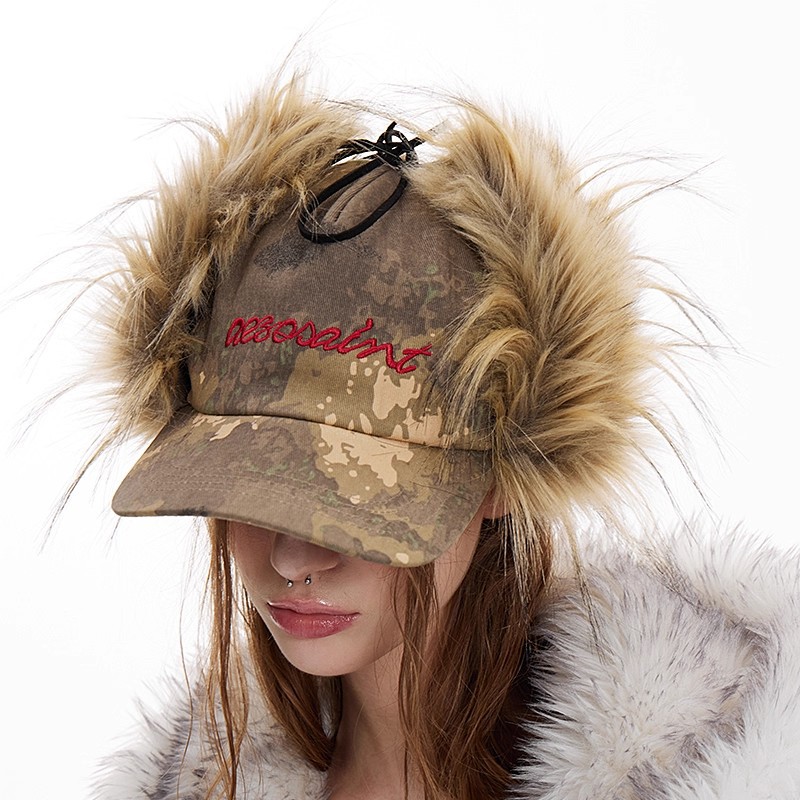 Camouflage Retro Embroidered Earflap Fur Baseball Cap photo 5