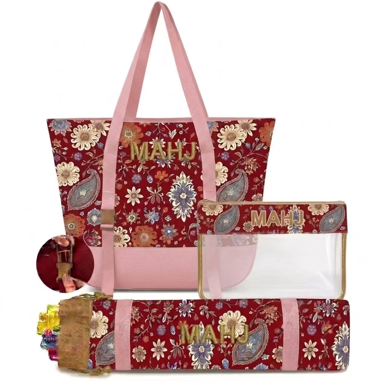 Retro Paisley Floral Embroidered Mahjong Storage Three-Piece Makeup Bag Set photo 6
