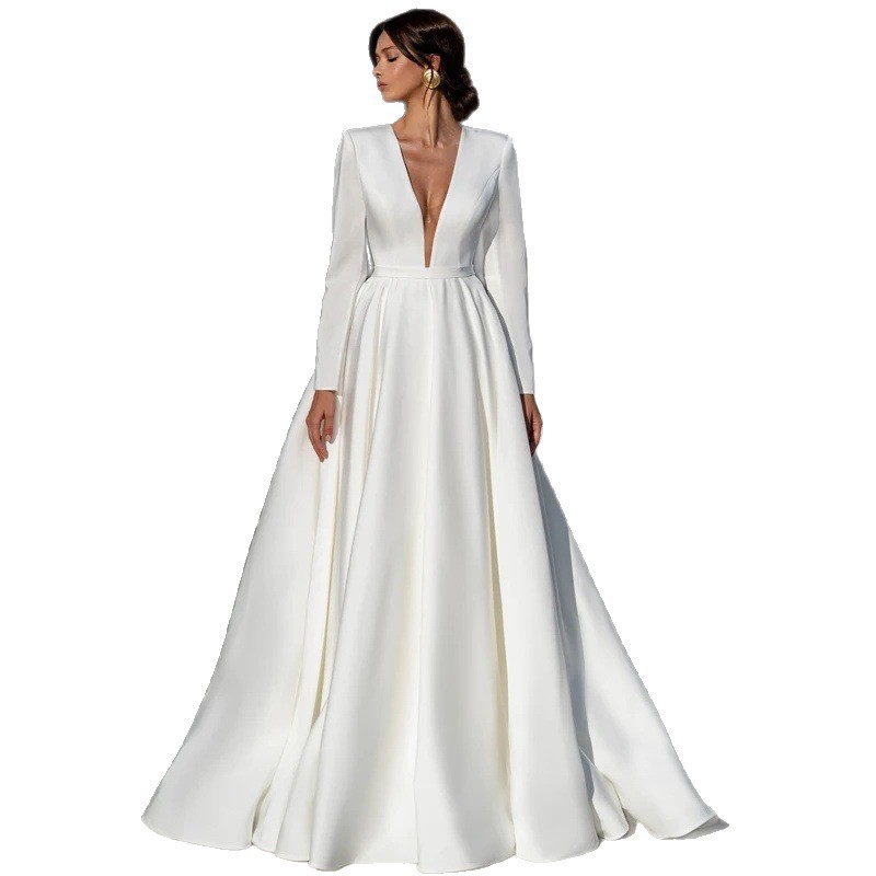 Simple Deep-V Long-sleeve Satin Bridal Gown Elegant Cathedral Train Luxurious Quality photo 4