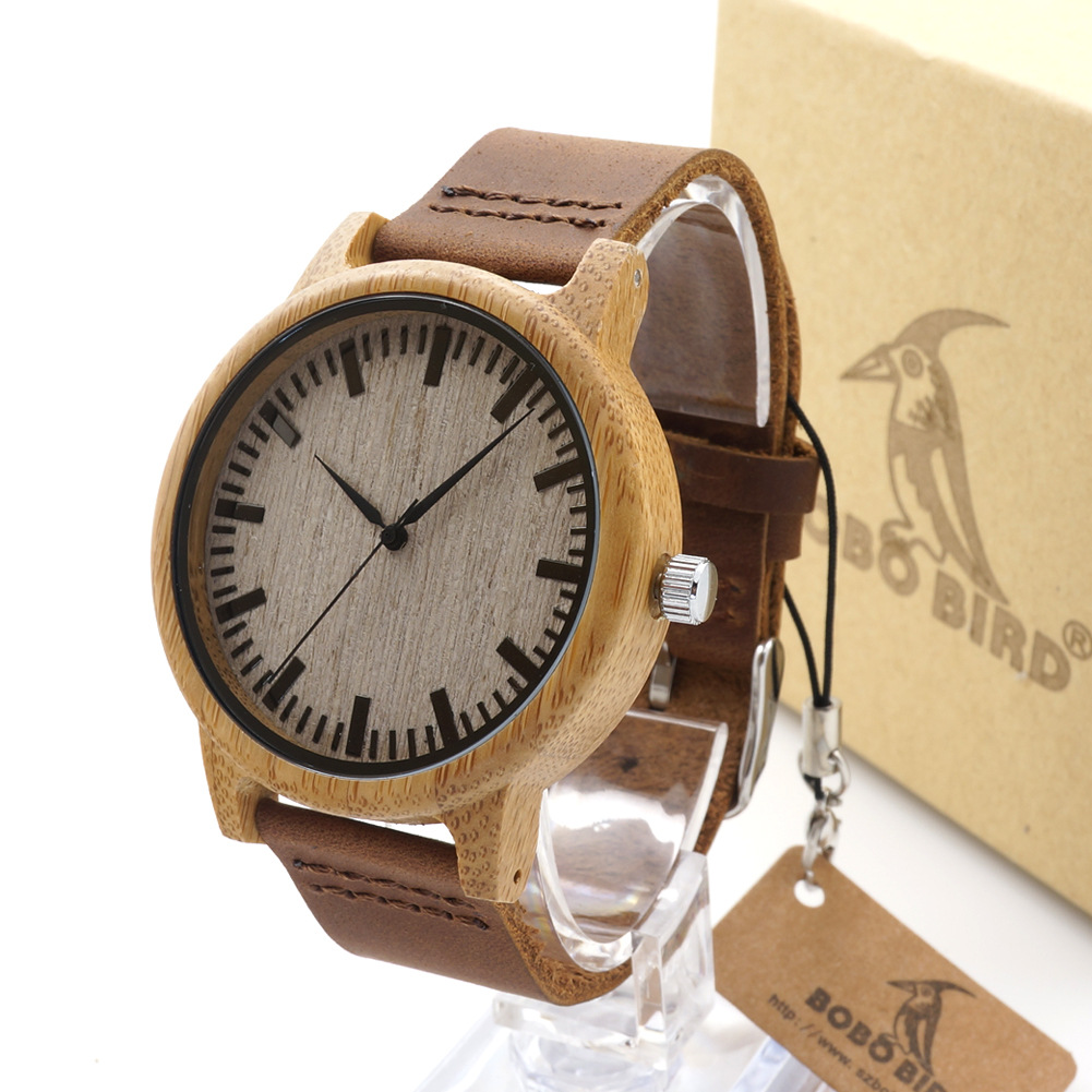 Single-bamboo Wooden-layer Cowhide Mens Wooden Watch photo 2