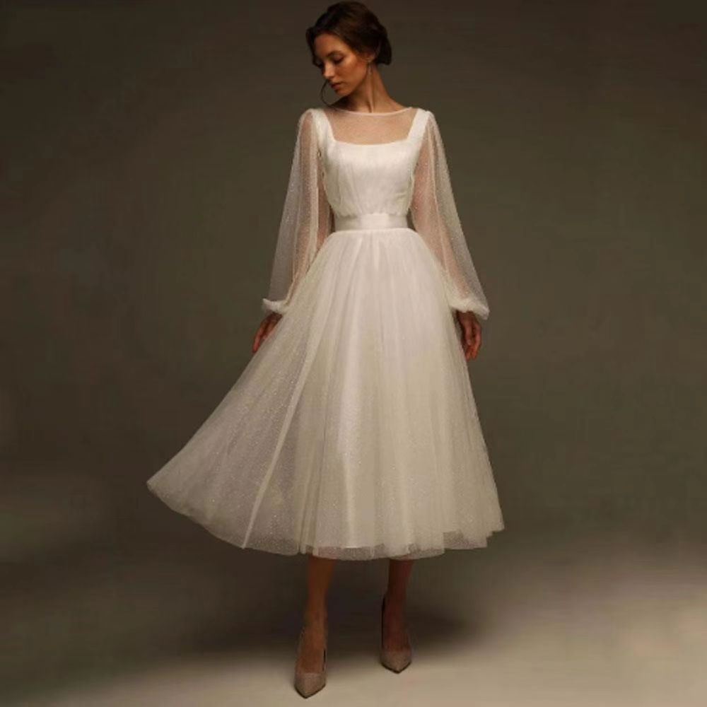 French-style Vintage Square-neck Midi Light Wedding Dress photo 1