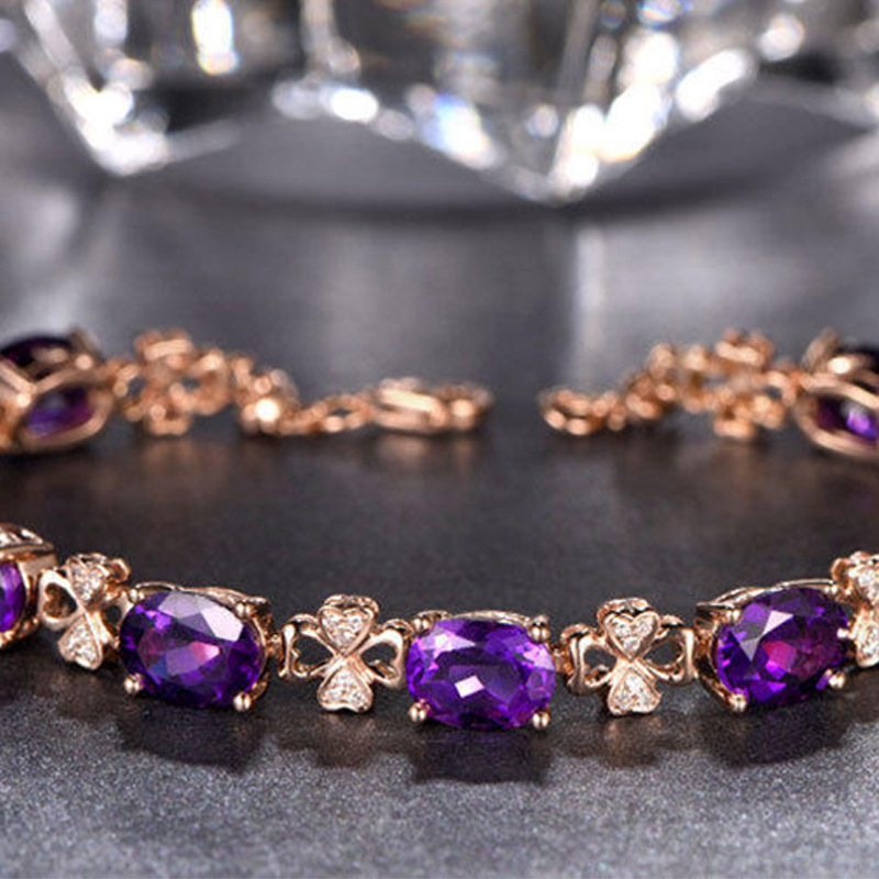 Quality Ear Hook Purple Gemstone Diamond Ring Rose Gold Collarbone Necklace Set photo 6