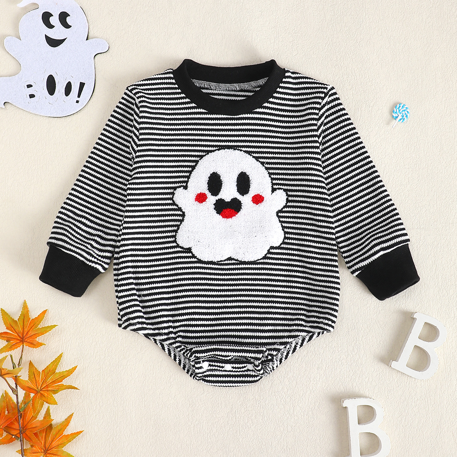 Baby Girl Waffle Knit Striped Long Sleeve Romper with Ghost Embroidery photo 2
