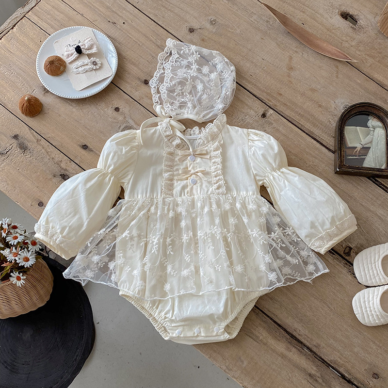 Sweet Baby Clothes Bodysuit, Pinafore Dress, Long-sleeve Soft Lace Romper, And Hat photo 1