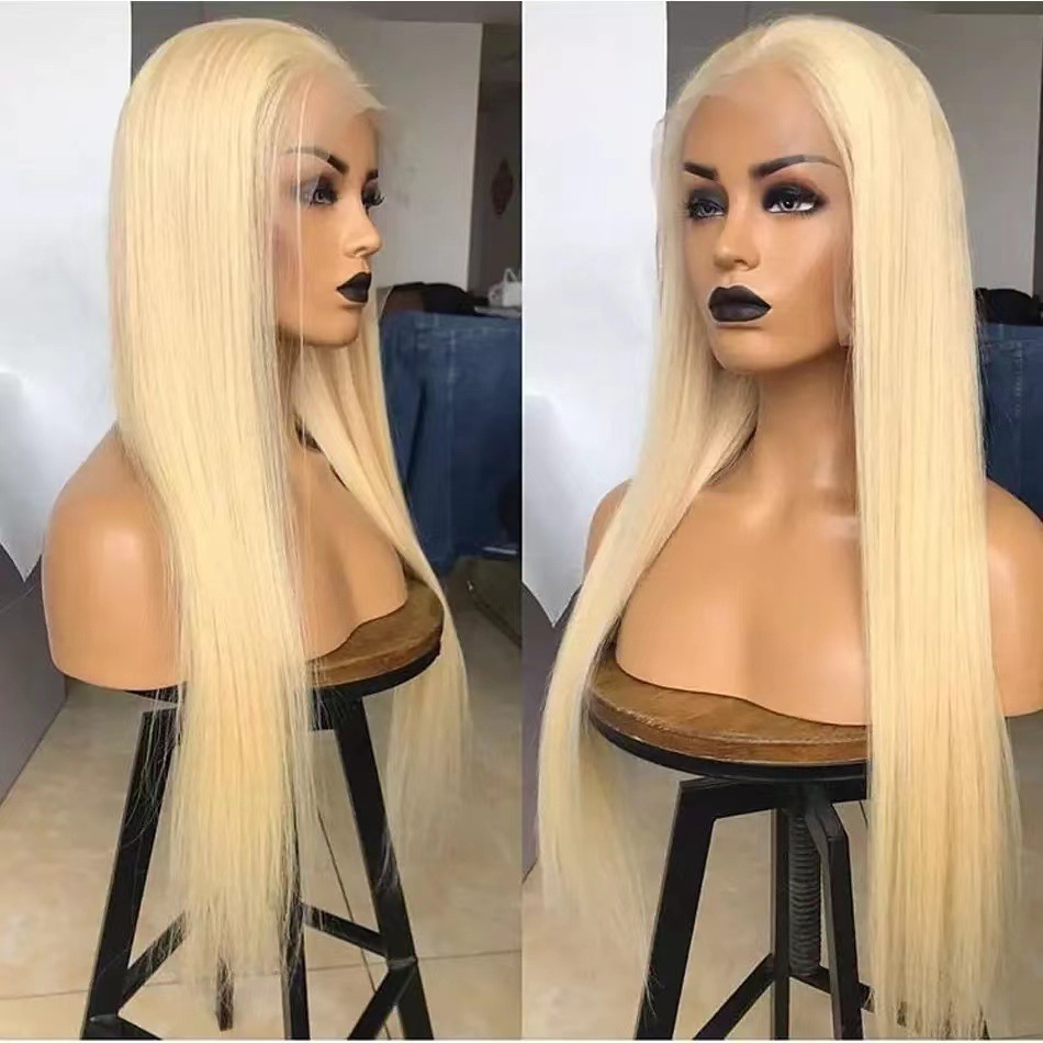 Front Lace Light Golden Long Straight Hair Full Lace Wig Cap photo 3