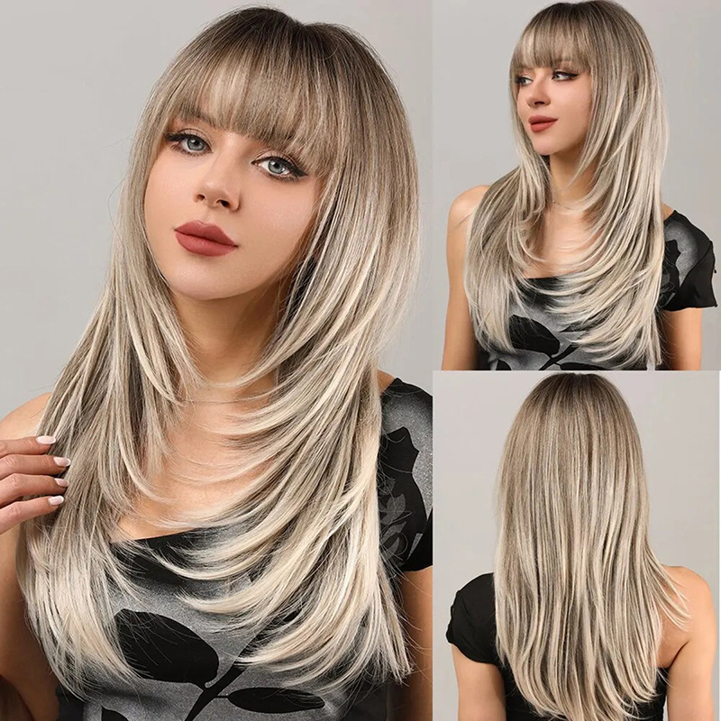 Womens Figure-8 Bangs Black-to-gray Ombre Long Straight Synthetic Hair photo 4