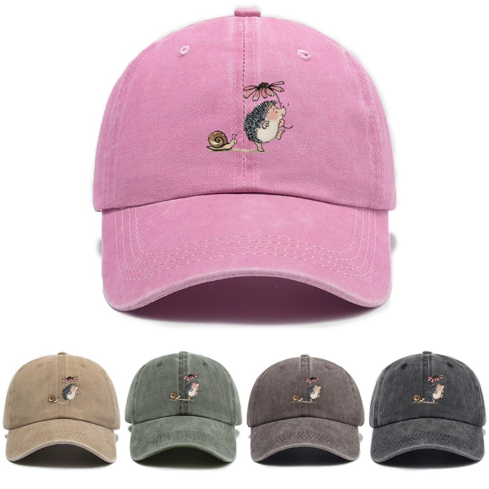 Simple Cartoon Hedgehog And Snail Print Washed Out Vintage Baseball Cap photo 1