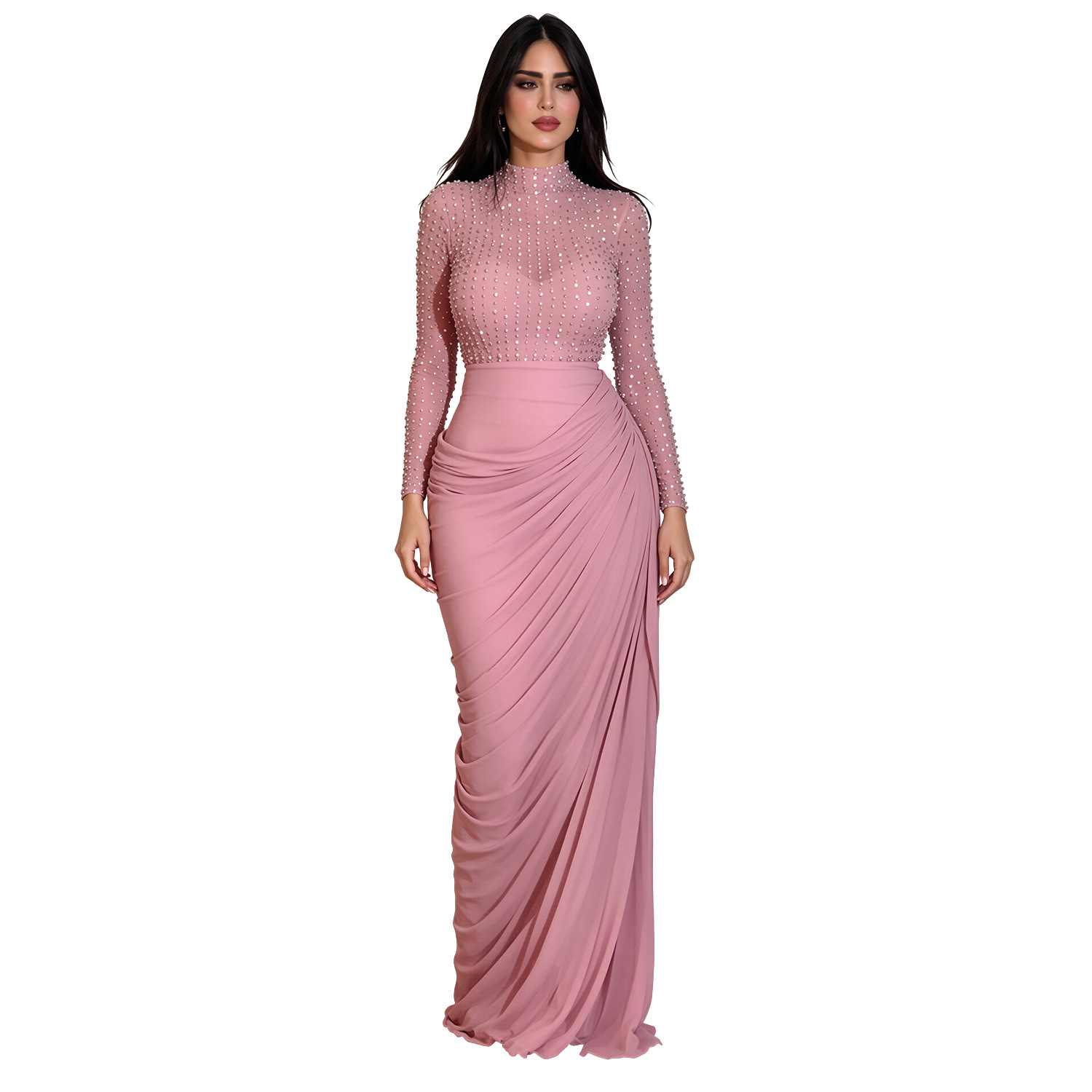 Mesh Long-sleeve Pleated Bodycon Sheath Dress photo 3