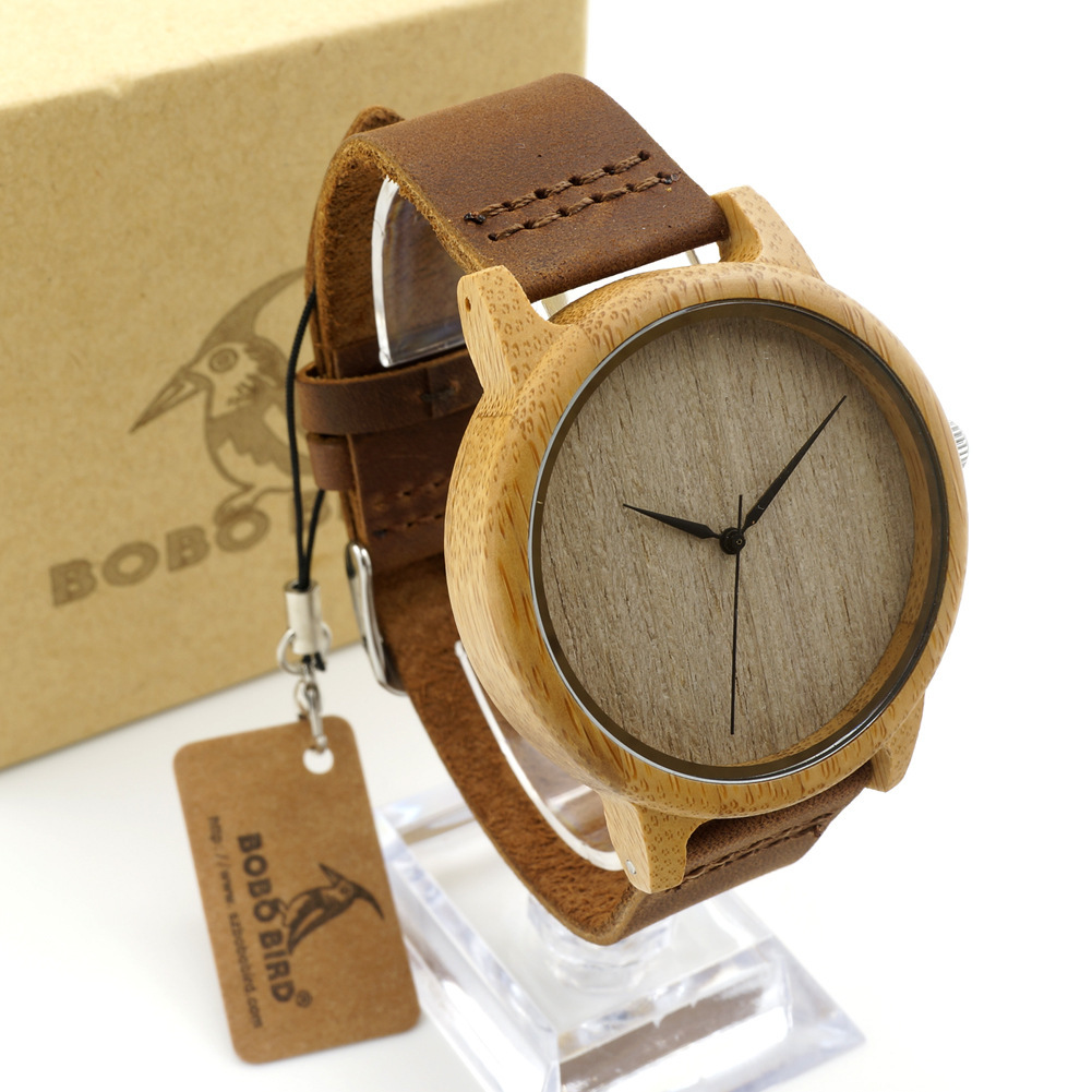 Single-bamboo Wooden-layer Cowhide Mens Wooden Watch photo 1