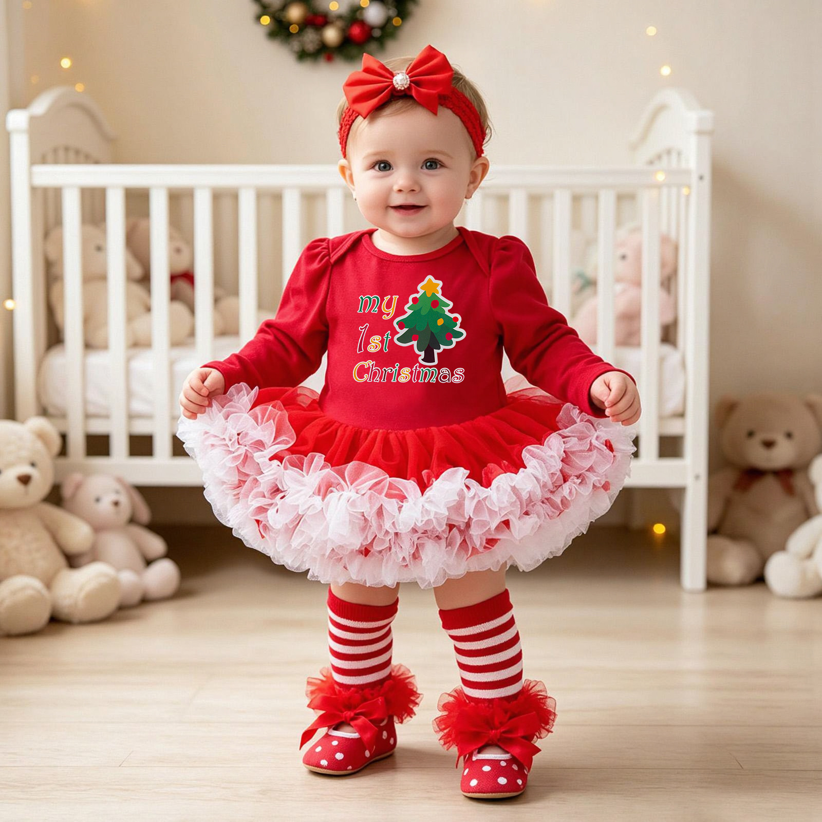 Baby Christmas Long-sleeve Cartoon Romper Dress Red Tulle One-piece Outfit Four-piece Set photo 1