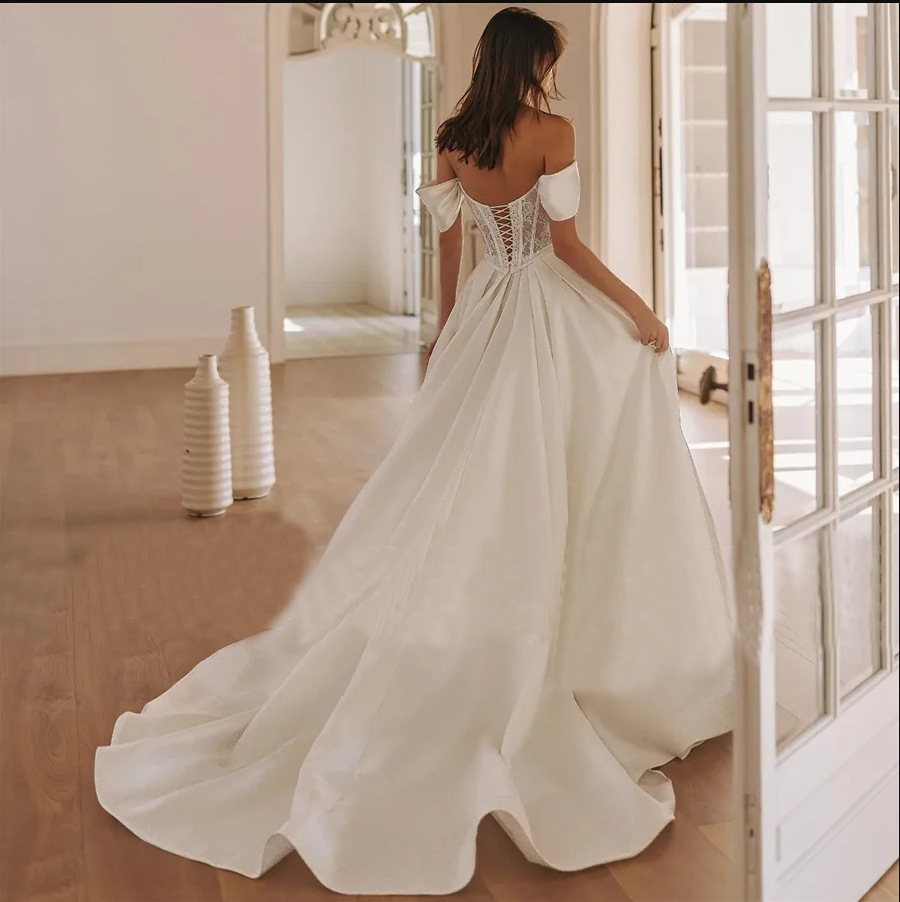 European And American Off-the-shoulder Satin Wedding Dress With Lace For Weddings photo 2