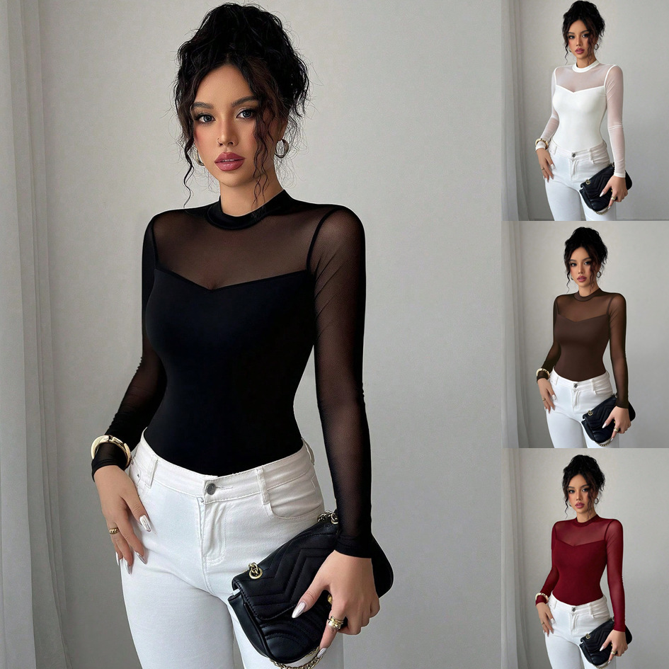 Half-high Neck Spliced Sheer Mesh Sleeve Solid-color Tube Top Faux Two-piece Top photo 1