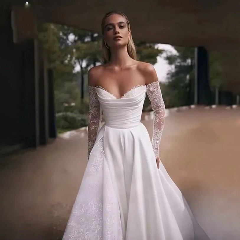 Long Sleeve Off Shoulder Wedding Dress Elegant Train Bridal Gown For Ceremony Reception photo 2