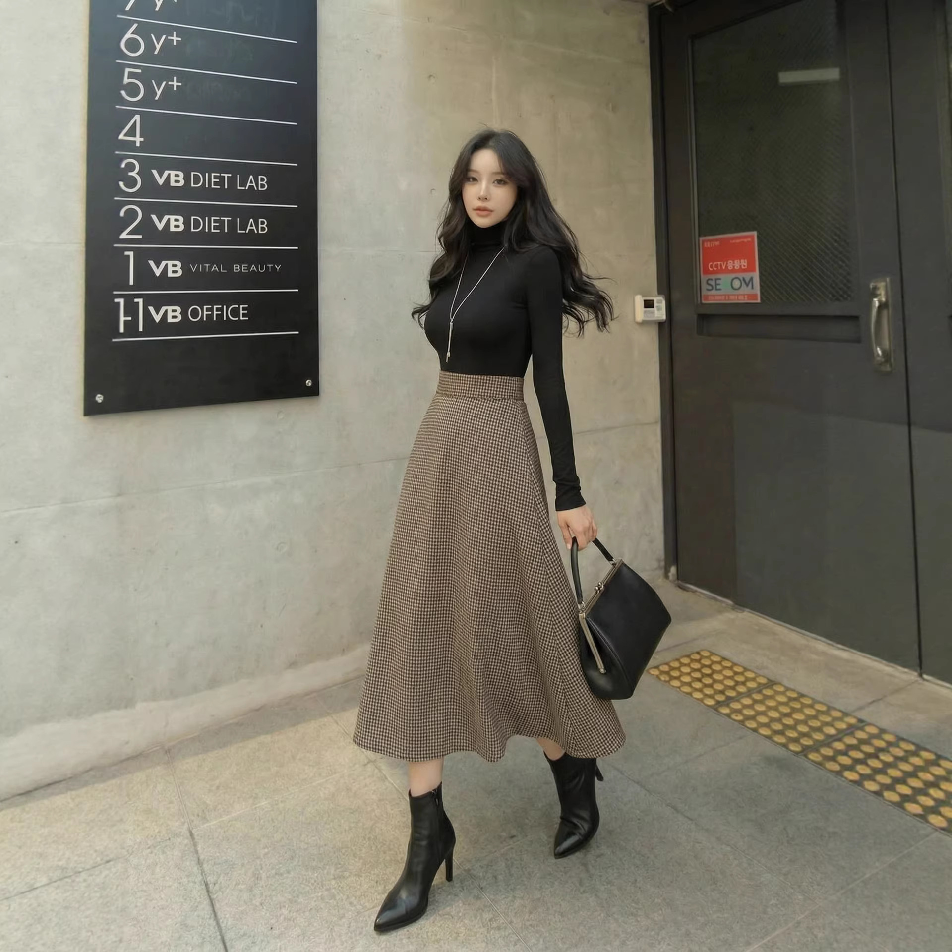 American-style Retro Plaid Brown Semi-formal High-end Midi Skirt photo 5