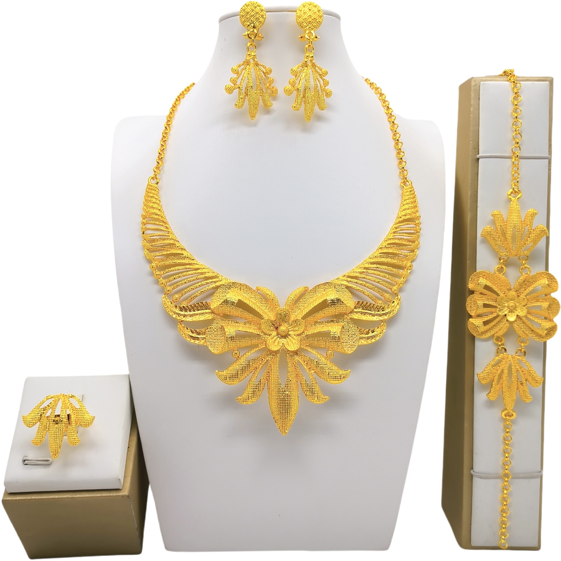 24K Gold Jewelry Suit Necklace Bracelet Earrings Four-piece Ring Set photo 2