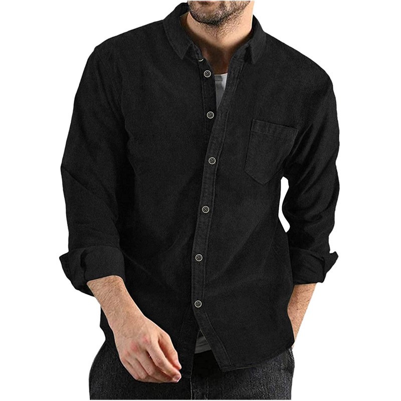Corduroy Lapel-button Loose-fit Mens Long-sleeve Shirt photo 2