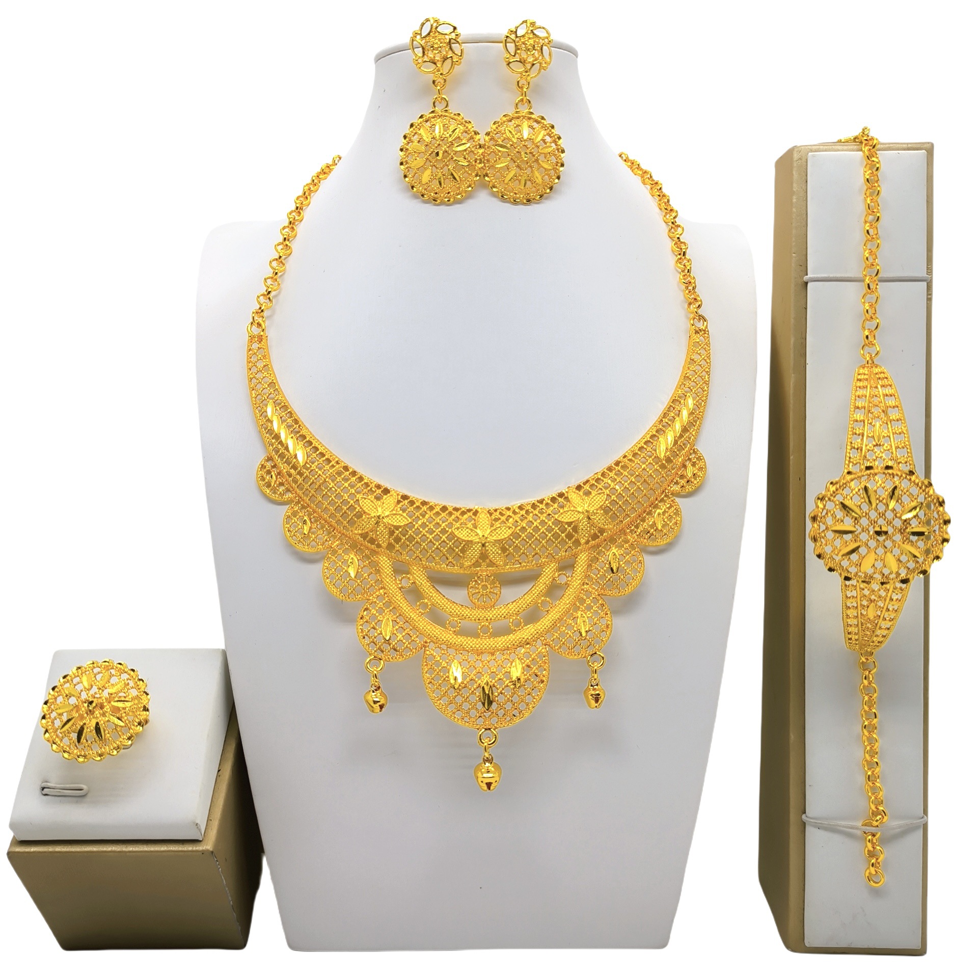 24K Gold Jewelry Suit Necklace Bracelet Earrings Four-piece Ring Set photo 3