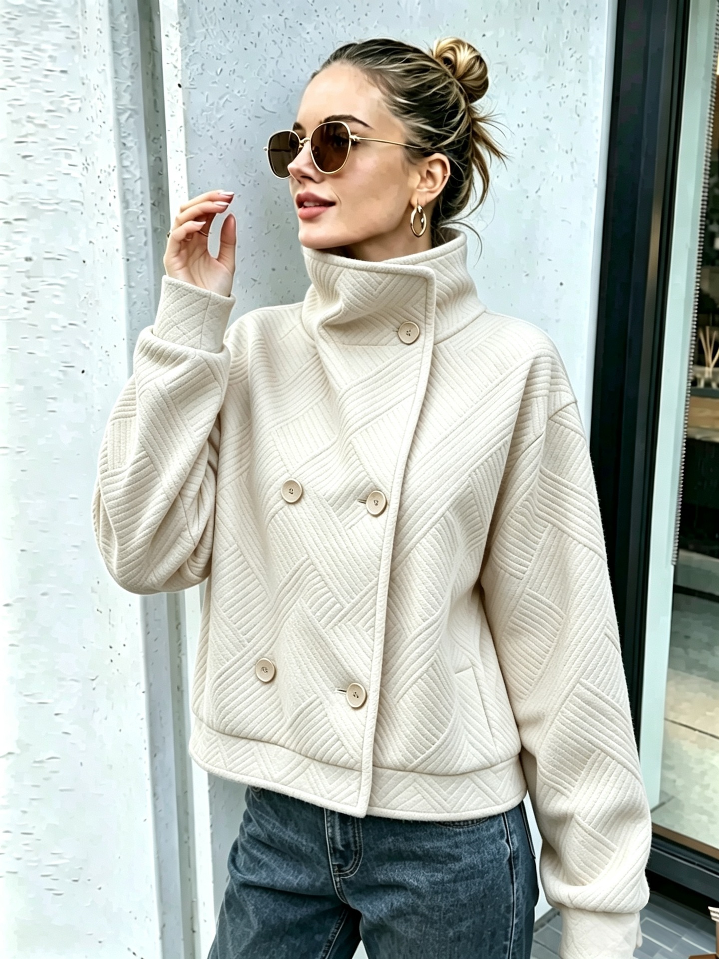 Women's Buttoned Turtleneck Double-breasted Lapel Coat photo 4