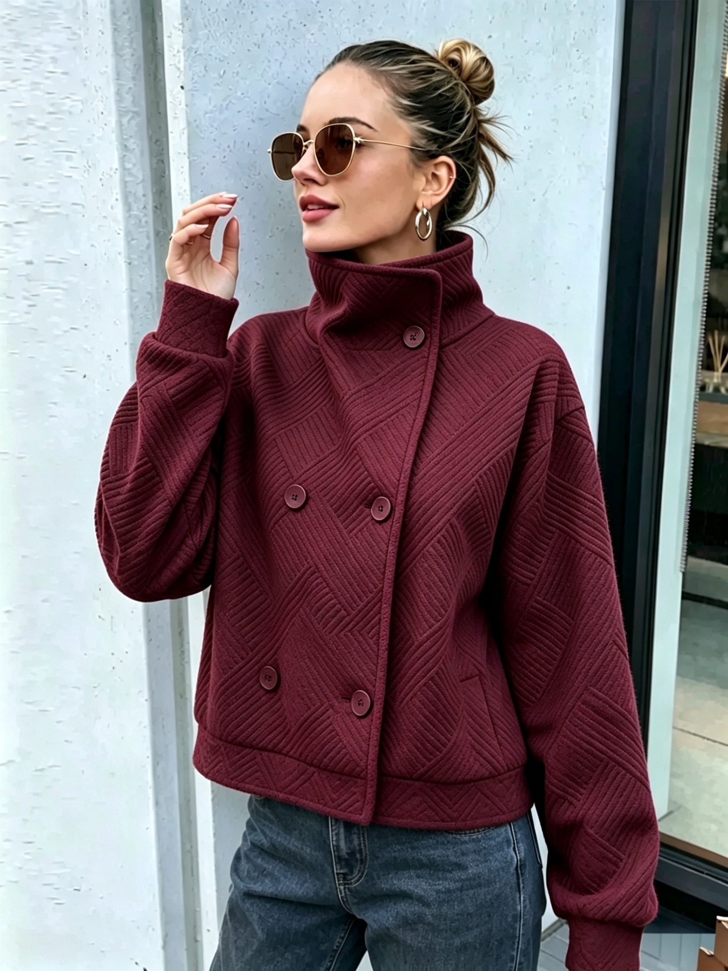 Women's Buttoned Turtleneck Double-breasted Lapel Coat photo 6