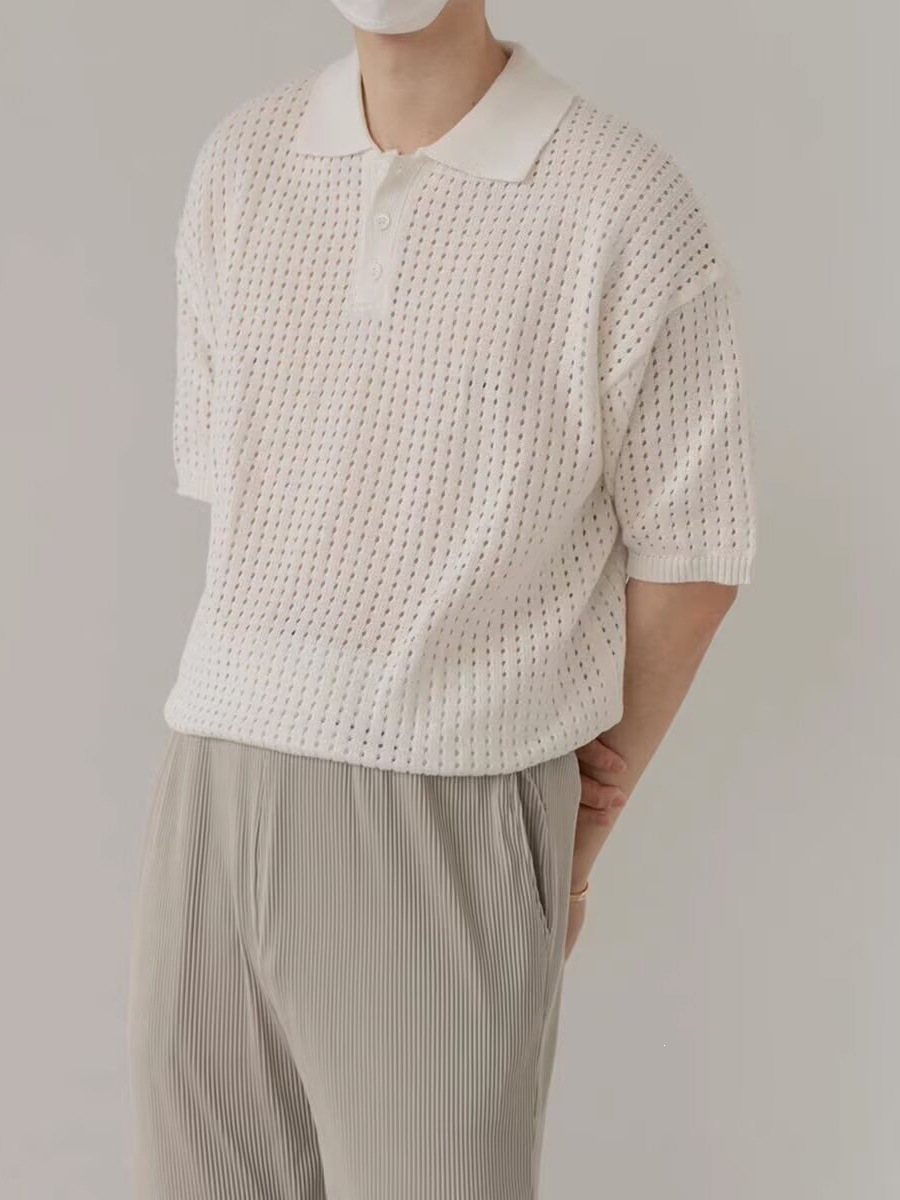 Mens Retro Solid-Color Half-Sleeve Lapel T-Shirt photo 2