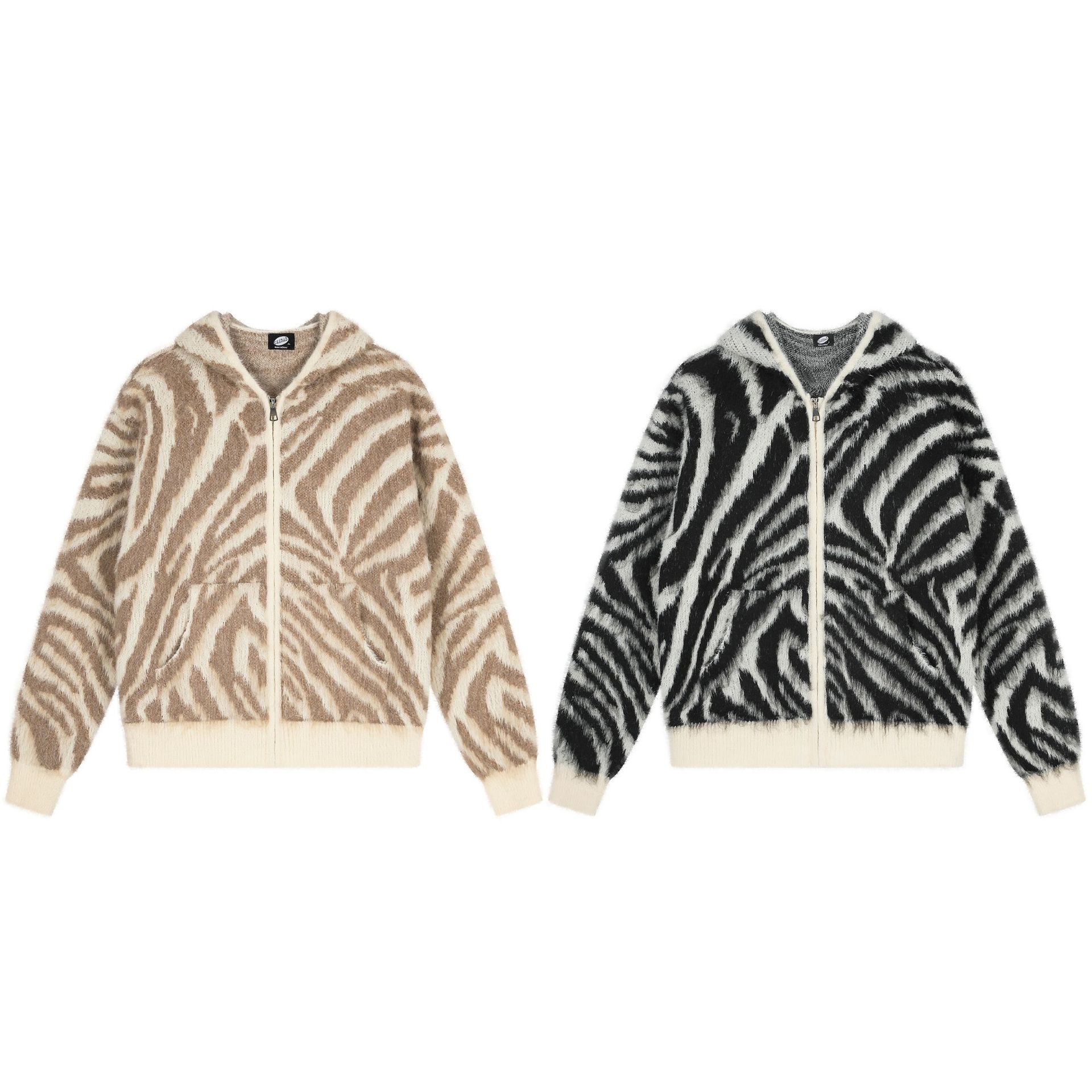 Retro Zebra-print Hooded Zip-up Sweater Jacket photo 1
