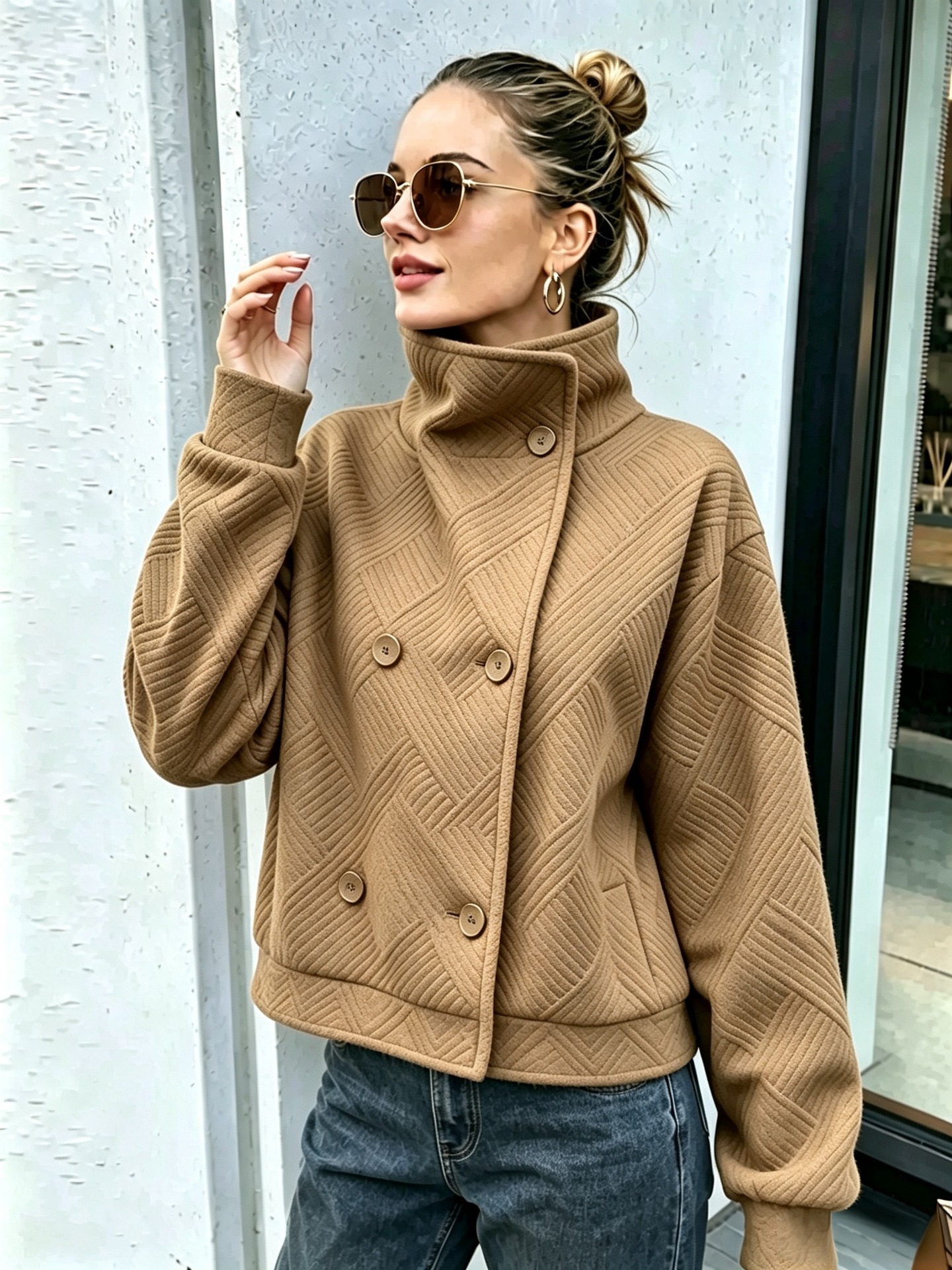 Women's Buttoned Turtleneck Double-breasted Lapel Coat photo 5