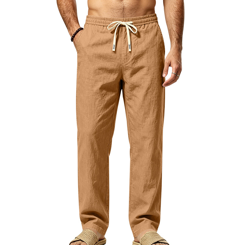 Mens Straight Leg Solid Color Casual Linen Pants With Drawstring And Elastic Waist photo 4