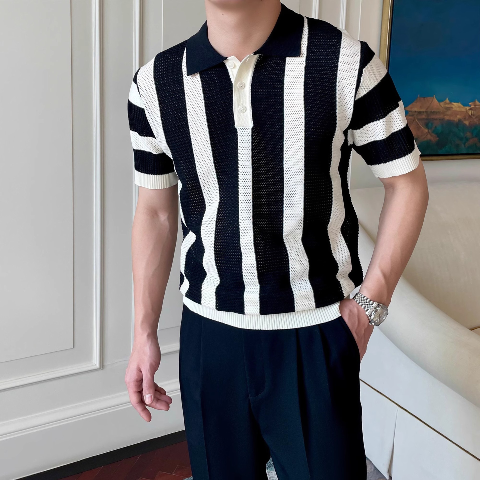 Striped Knitted Polo Shirt Men's Cool & Dashing Lapel T-Shirt photo 2