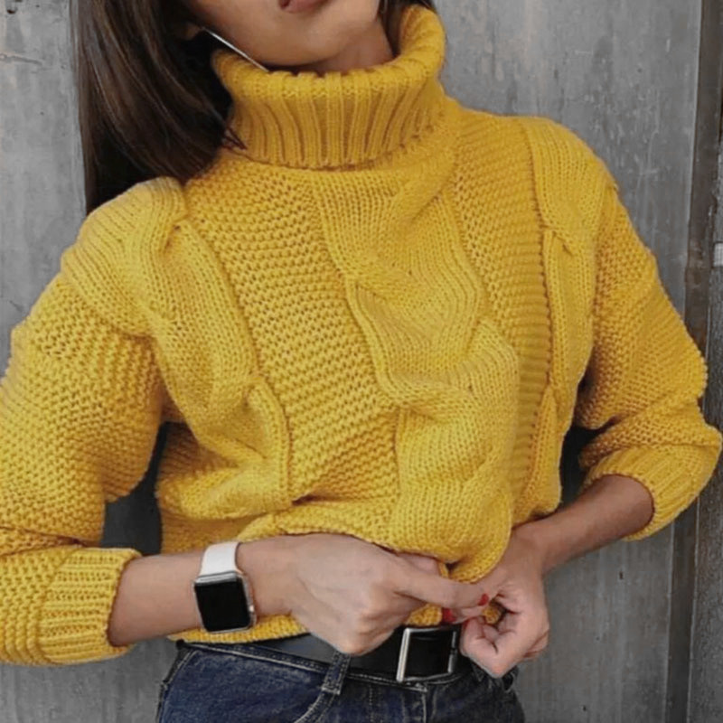 Women's Turtleneck Solid-Color Cable-Knit Pullover Casual Loose Sweater photo 1
