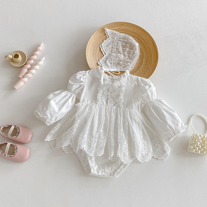 Infant And Toddler Lace Romper Onesie And Triangular-clinched Crawling Suit photo 1