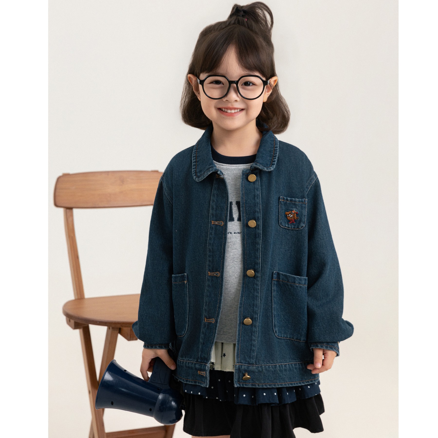 Children's Cartoon Embroidered-pocket Washed Denim Jacket photo 5