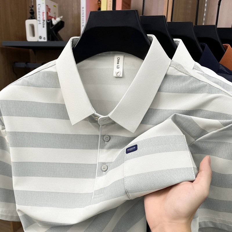 Men's Youth Striped Lapel Pocket Fashion Short Sleeve T-shirt photo 3