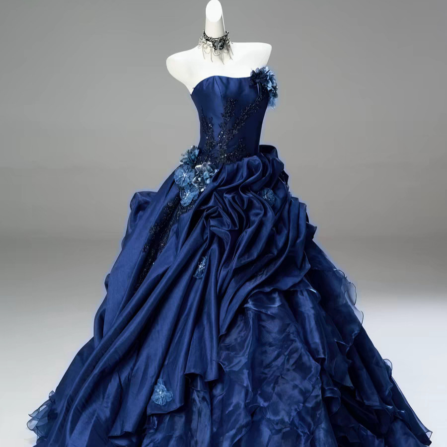 Blue High-end Intricately Embellished Strapless Ball Gown For Evening Events And Banquets photo 5