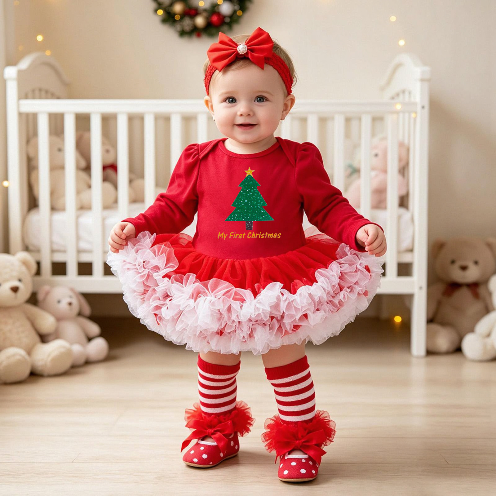 Baby Christmas Long-sleeve Cartoon Romper Dress Red Tulle One-piece Outfit Four-piece Set photo 3