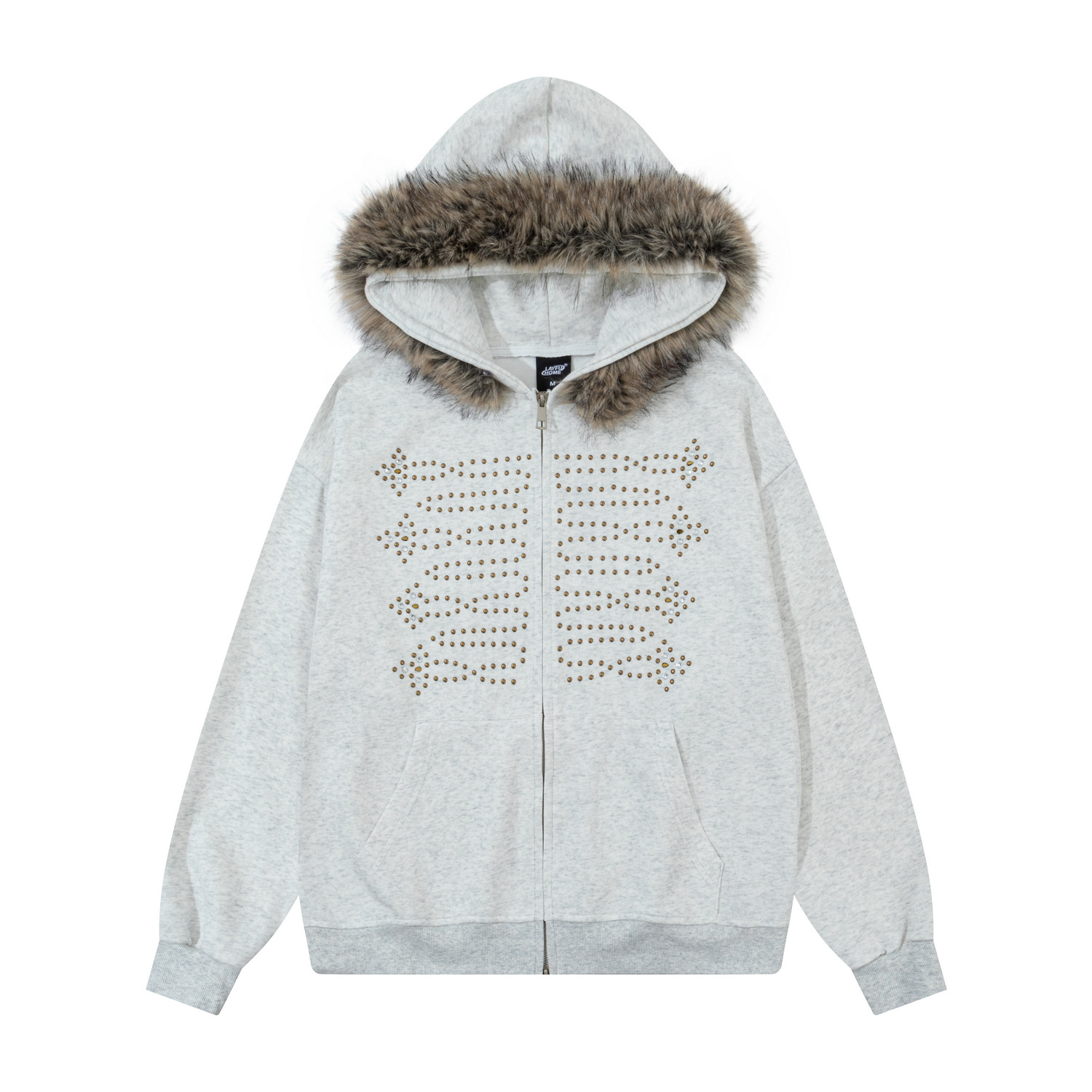 Detachable Fur Collar Rhinestone Detailing Washed Finish Zip-up Hoodie photo 4