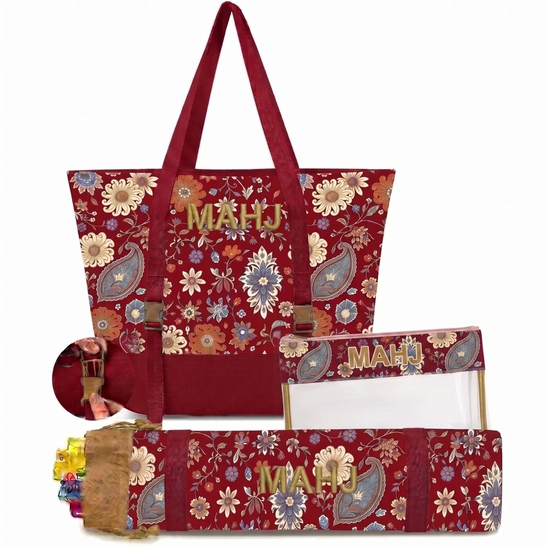 Retro Paisley Floral Embroidered Mahjong Storage Three-Piece Makeup Bag Set photo 3
