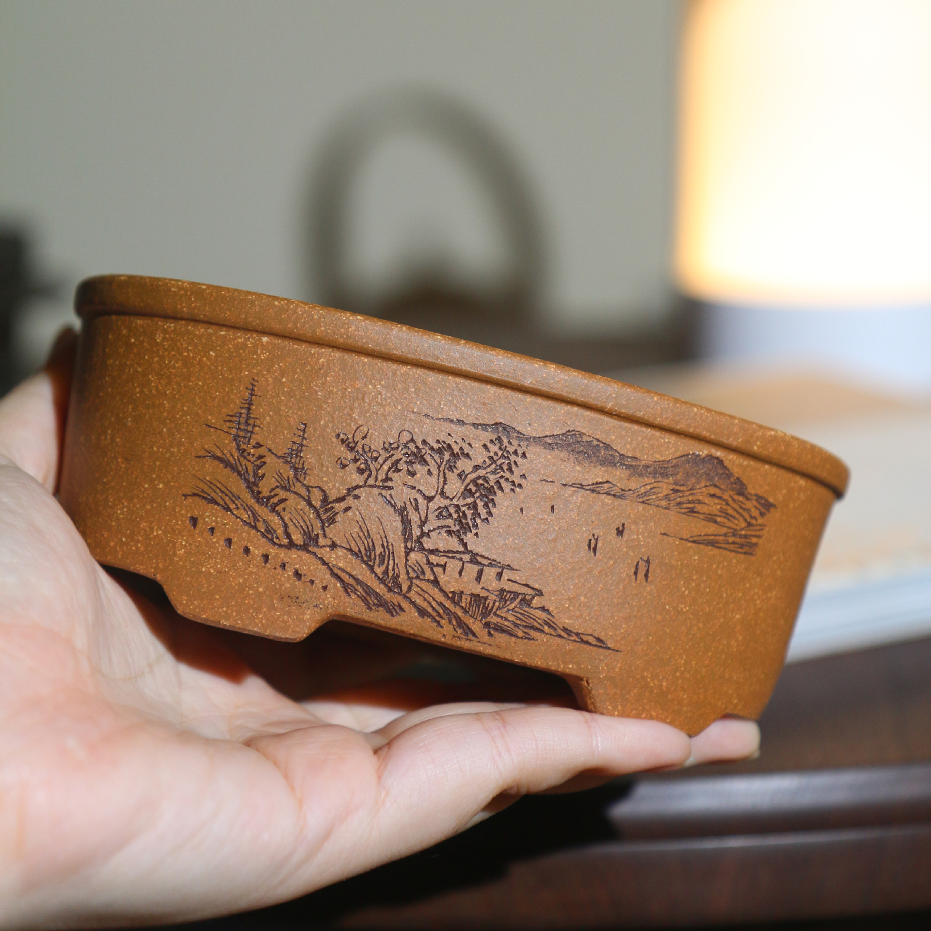 Oval Hand-engraved Dihua Clay Desktop Yixing Flower Pot photo 1
