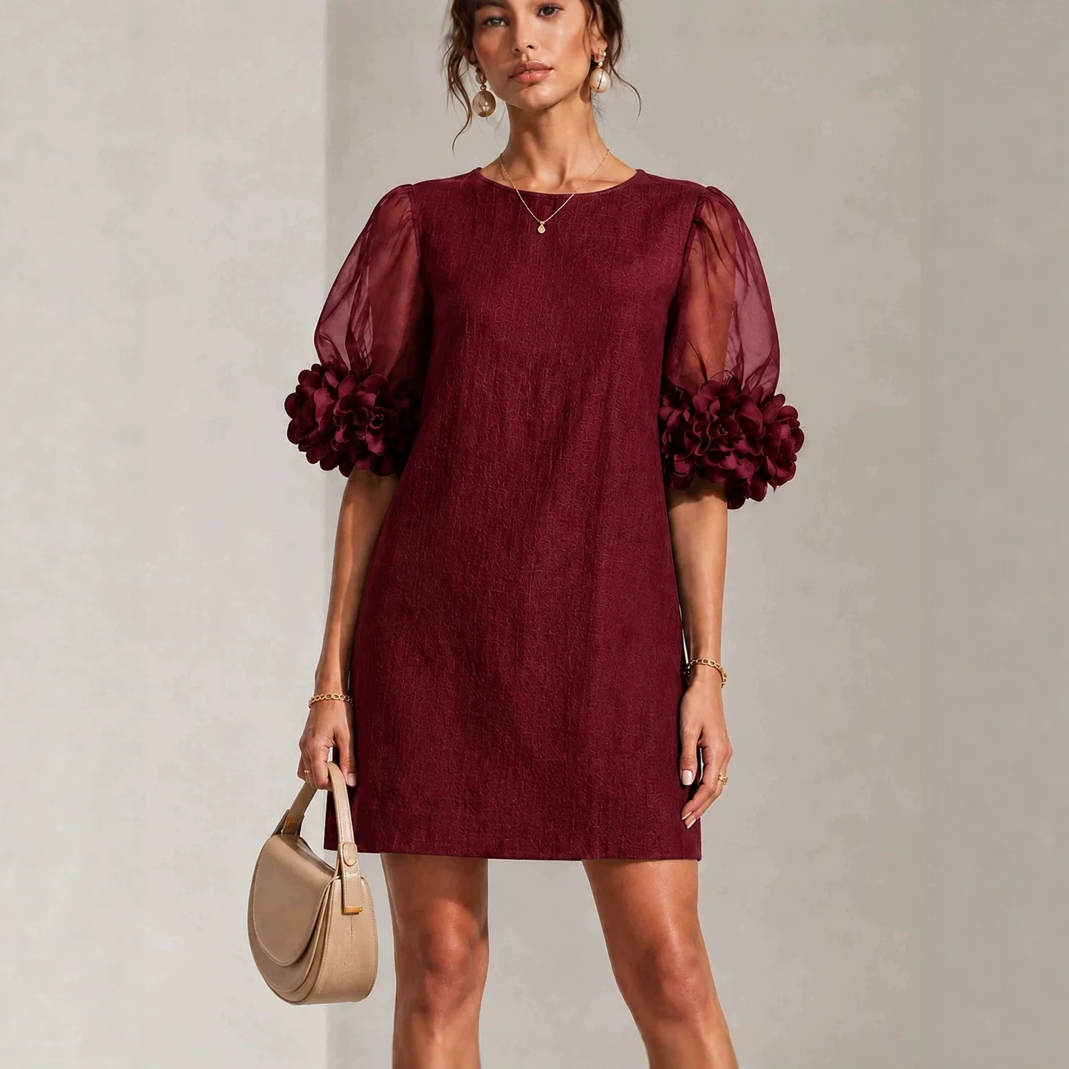 Women's Organza Puff Sleeve Dress - Romantic Sweet Midi Length Party Gown for Summer Wedding Guest photo 7