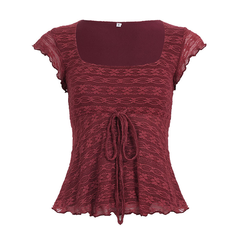 Women's Red Wood Ear Lace-Trimmed Square-Neck Sleeveless Top photo 2