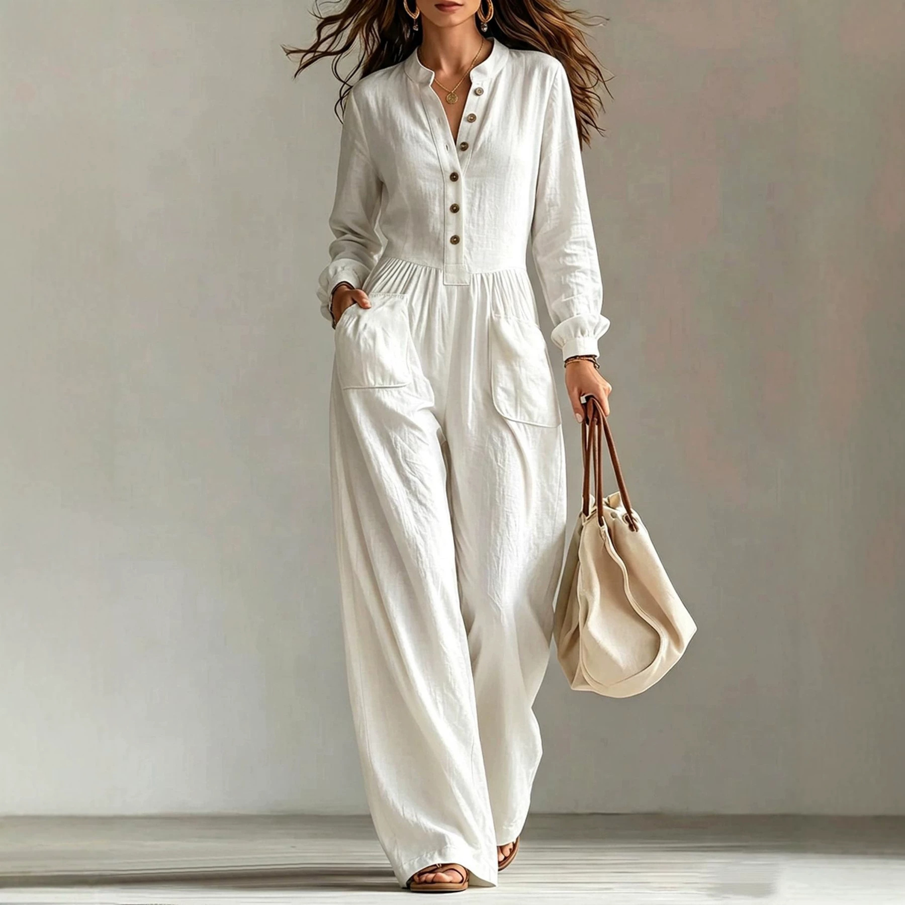 Jumpsuit With Buttons Waist-cinching Design And Pockets photo 3