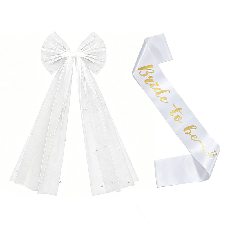 Bridal Veil With Pearl Bow Hair Clip And Gold-stamped Sash Set For Bachelorette Parties photo 6