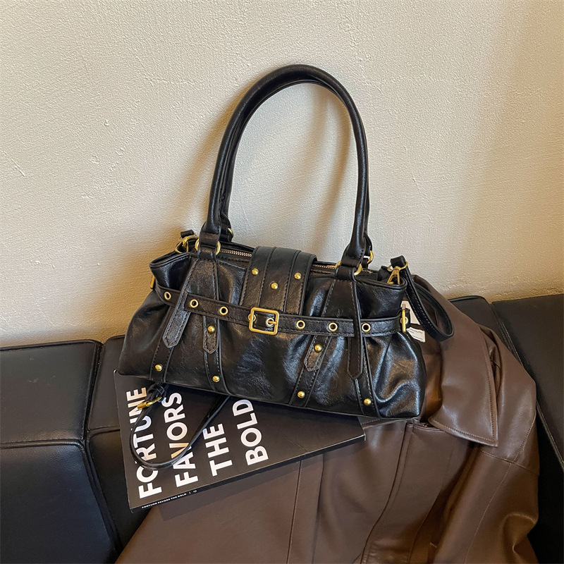 Womens Shoulder Bag With A Locomotive-style Belt Rivets And Metal Buckle photo 2