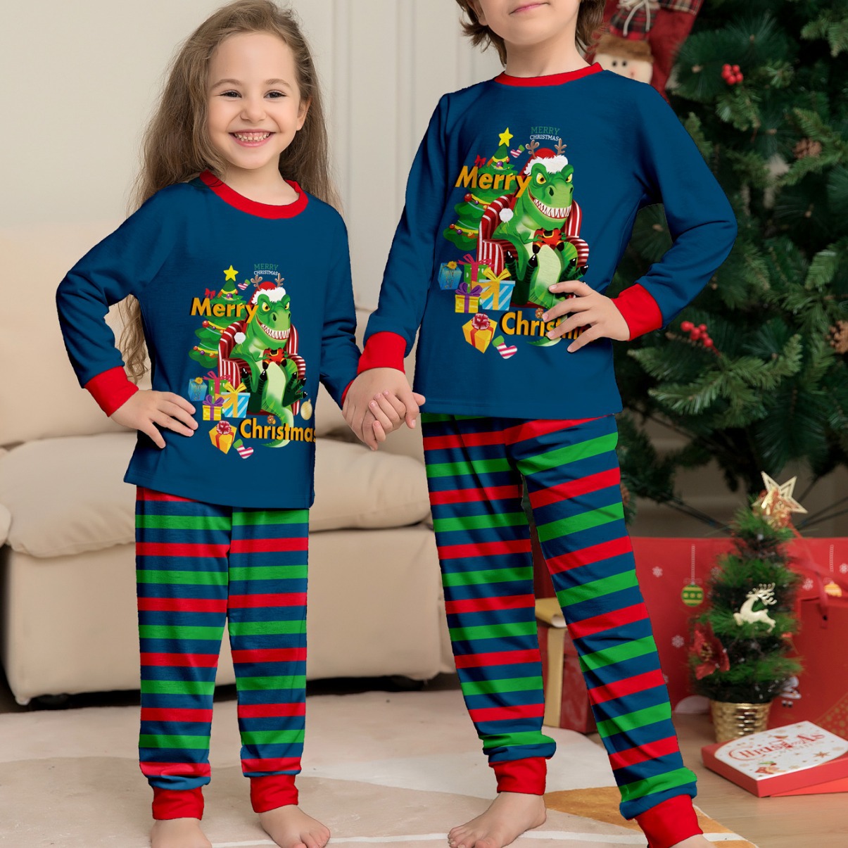 Tyrannosaurus Letter Christmas Tree Printing Parent-child Suit Pajamas photo 1
