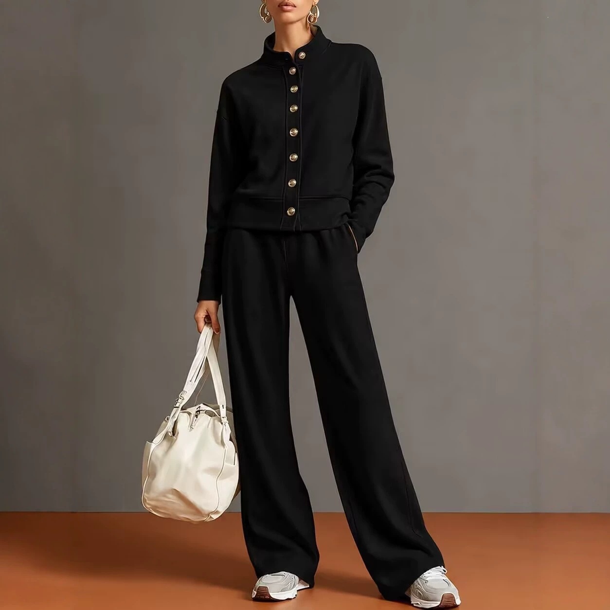 Stand-collar Cardigan And Wide-leg Pants Set photo 2