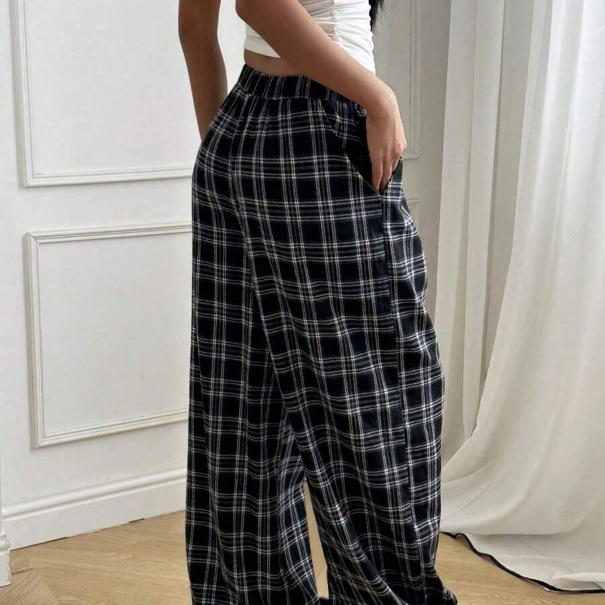 Women's Plaid Casual High-Waisted Wide-Leg Pants With Drawstring photo 6
